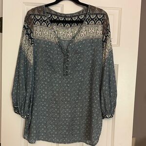 Relaxed Teal Print Women's Tunic with Neutral Trim